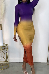 Violet Gradient Long Sleeve High Neck Hollow Out Slim Fitting Maxi Dress ZDD31162-1