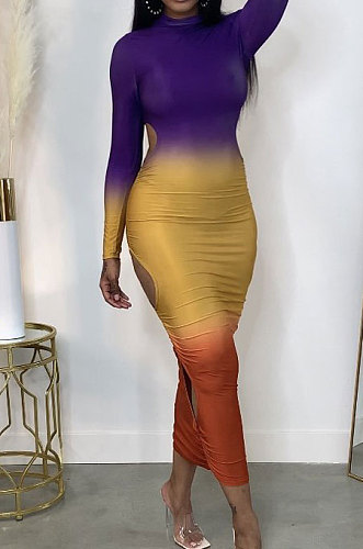 Violet Gradient Long Sleeve High Neck Hollow Out Slim Fitting Maxi Dress ZDD31162-1