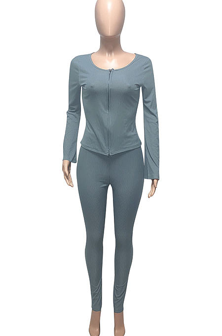 Red Euramerican Women Autumn Winter Ribber Pure Color Zipper Cardigan Bodycon Long Pants Sets Q939-2
