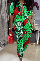 Green Cute New Short Sleeve Stand Neck Zip Front Top  Ankle Banded Pants Sets ZNN9106-2