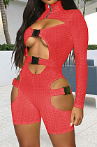 Neon Red Women High Elastic Pineapple Cloth Solid Color Hollow Out Buckle Romper Shorts QQM4328-1