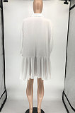 White Euramerican Women Personality Solid Color Turn-Down Collar Single-Breasted Cardigan Irregular Shirts RMH8941-1