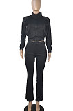 Black Women Solid Color Long Sleeve Cardigan Zipper Sport Flare Leg Pants Sets LML163-5