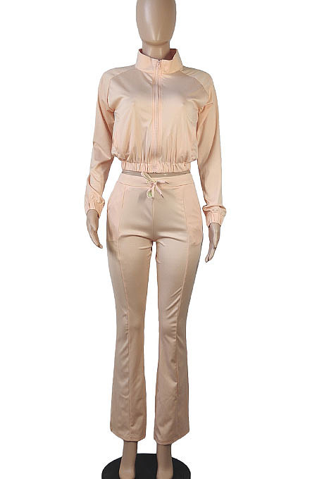 Green Women Solid Color Long Sleeve Cardigan Zipper Sport Flare Leg Pants Sets LML163-6