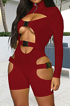 Wine Red Women High Elastic Pineapple Cloth Solid Color Hollow Out Buckle Romper Shorts QQM4328-4