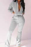 Coffee Women Solid Color Long Sleeve Cardigan Zipper Sport Flare Leg Pants Sets LML163-7