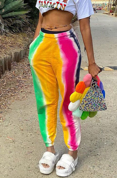 Yellow Casual Digital Rainbow Print Ankle Banded Pants ZDD31163-3