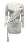 Black Women Club Party Sequins Hollow Out Streamer Pure Color Mini Dress Q947-3