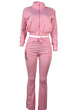 Black Women Solid Color Long Sleeve Cardigan Zipper Sport Flare Leg Pants Sets LML163-5