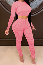 Pink Women Autumn Winter Pure Color Ruffle Long Sleeve Pants Sets QQM4335-2