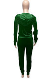 Dark Green Women Korea Velvet Ribber Spliced Pure Color Long Sleeve Cardigan Hooded Casual Pants Sets Q950-4