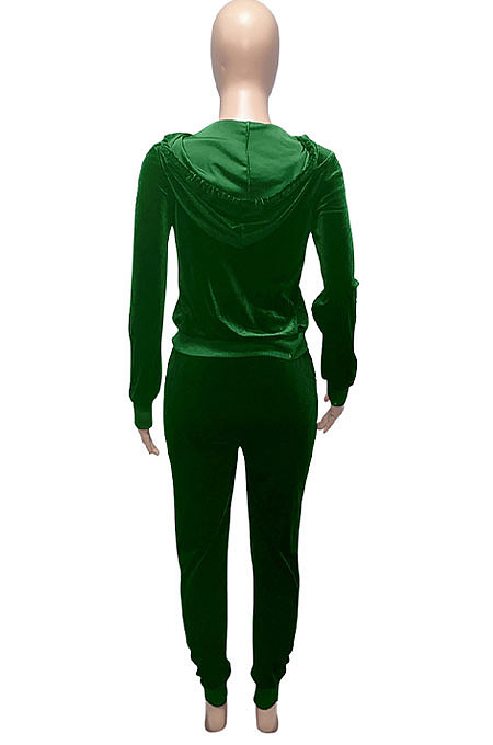 Dark Green Women Korea Velvet Ribber Spliced Pure Color Long Sleeve Cardigan Hooded Casual Pants Sets Q950-4