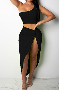 Black Euramerican Women Ruffle Solid Color One Shoulder High Split Skirts Sets MY9268-3
