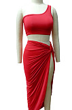 Black Euramerican Women Ruffle Solid Color One Shoulder High Split Skirts Sets MY9268-3