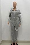 Gray Newest Striple Spliced Long Sleeve Zipper Hooded Coat Sweat Pants Sets YX9296-4