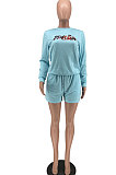 Light Blue Casual Pattern Print Long Sleeve Round Neck T-Shirt Shorts Sport Sets ZNN9109-1