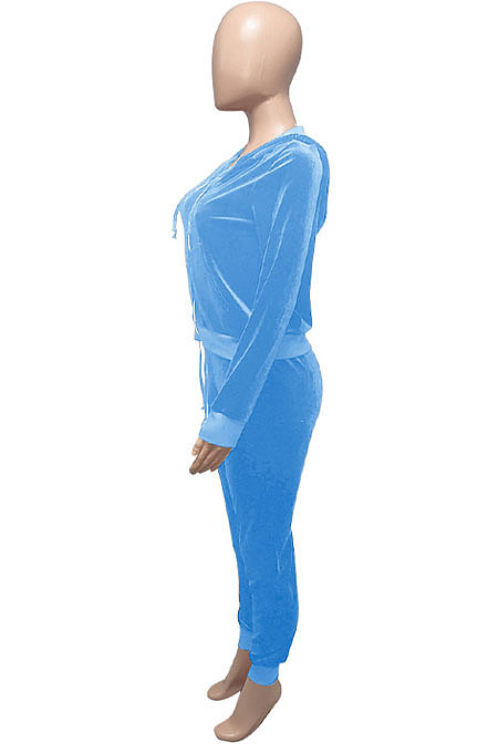 Dark Green Women Korea Velvet Ribber Spliced Pure Color Long Sleeve Cardigan Hooded Casual Pants Sets Q950-4
