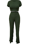 Gray Fashion Casual High Elastic Cotton Shor Sleeve Top Pure Color Ribber Loose Pants Sets MY9298-3