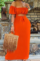 Orange Euramerican Women Solid Color Backless A Word Shoulder Mid Waist Long Dress ED8523-1