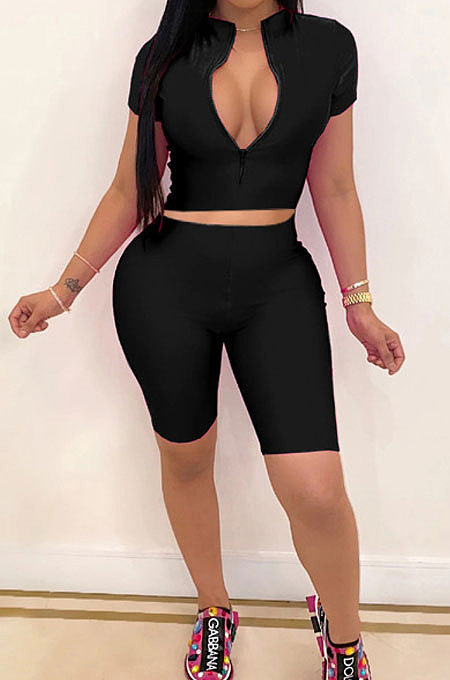 Purple Simple Pure Color Short Sleeve Zip Fron Crop Top Shorts Casual Sets YSH6163-6