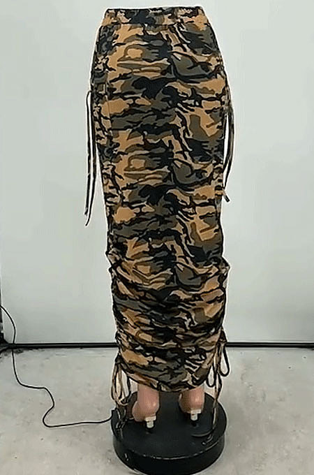 Black Fashion Camouflage Print Ruffle Drawsting Slim Fitting Maxi Skirts ZNN9110-3