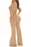 Khaki Club Ribber Long Sleeve V Neck Hollow Out Solid Color Slim Fitting Flare Jumpsuits YT3291-2