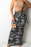 Grey Fashion Camouflage Print Ruffle Drawsting Slim Fitting Maxi Skirts ZNN9110-1