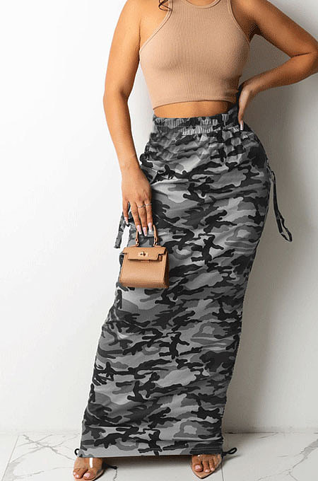 Grey Fashion Camouflage Print Ruffle Drawsting Slim Fitting Maxi Skirts ZNN9110-1