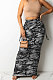 Grey Fashion Camouflage Print Ruffle Drawsting Slim Fitting Maxi Skirts ZNN9110-1
