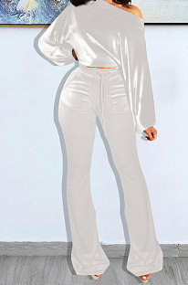 White Wholesale Velvet Long Sleeve Oblique Shoulder Top Flare Pants Solid Color Sets YX9298-4