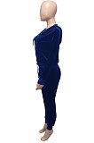 Dark Blue Women Korea Velvet Ribber Spliced Pure Color Long Sleeve Cardigan Hooded Casual Pants Sets Q950-6