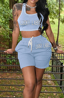 Light Blue Casual Letter Print Tank Shorts Solid Color Sport Sets YSH86245-4