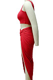 Neon Pink Euramerican Women Ruffle Solid Color One Shoulder High Split Skirts Sets MY9268-5