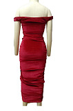 Red Ruffle Sexy A Word Shoulder Bodycon Pure Color Korea Velvet Long Dress MY9351-3