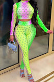 Red Colorful Long Sleeve High Neck Crop Top Pencil Pants Hollow Out See-Through Sets YT3290-2