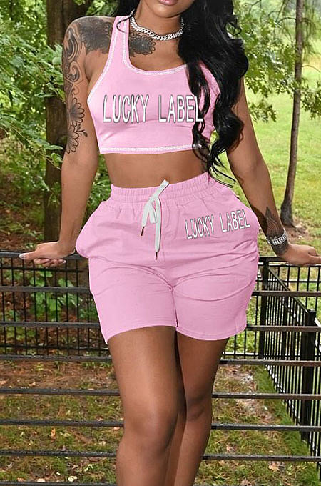 Pink Casual Letter Print Tank Shorts Solid Color Sport Sets YSH86245-6