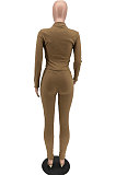 Camel Cotton Blend Long Sleeve Bandage Top Bodycon Pants Solid Color Sets ZNN9108-1