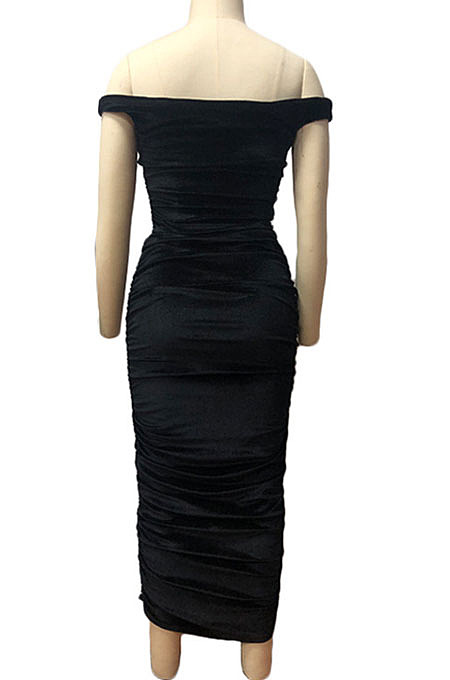 Pink Ruffle Sexy A Word Shoulder Bodycon Pure Color Korea Velvet Long Dress MY9351-1