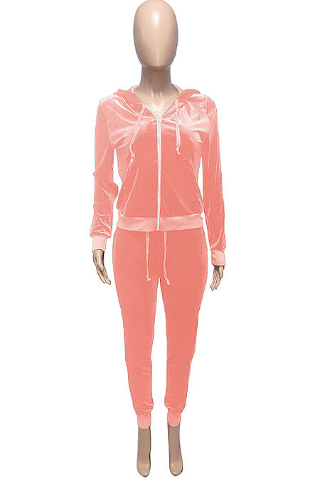 Black Women Korea Velvet Ribber Spliced Pure Color Long Sleeve Cardigan Hooded Casual Pants Sets Q950-3