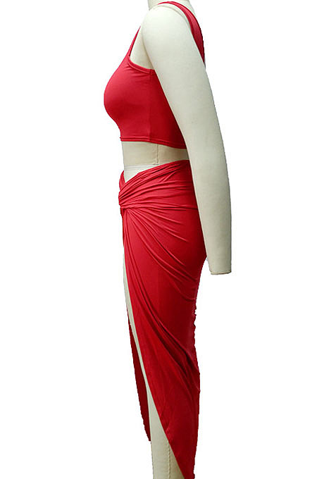 Red Euramerican Women Ruffle Solid Color One Shoulder High Split Skirts Sets MY9268-2