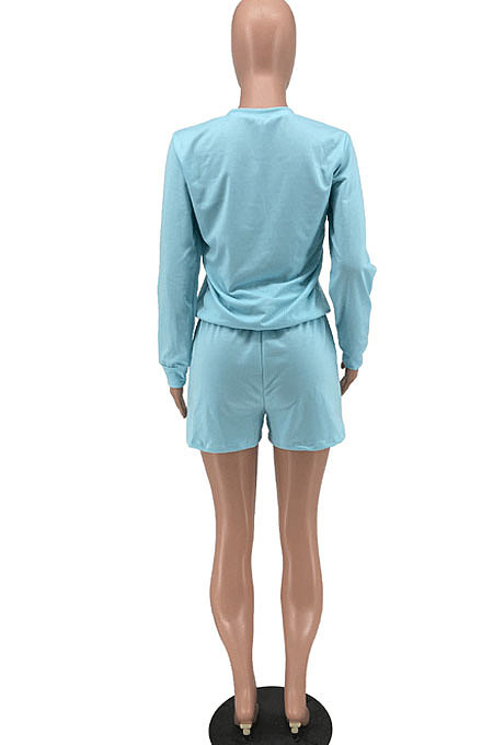 Black Casual Pattern Print Long Sleeve Round Neck T-Shirt Shorts Sport Sets ZNN9109-2