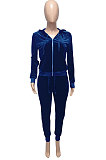 Dark Blue Women Korea Velvet Ribber Spliced Pure Color Long Sleeve Cardigan Hooded Casual Pants Sets Q950-6