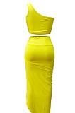 Yellow Euramerican Women Ruffle Solid Color One Shoulder High Split Skirts Sets MY9268-1