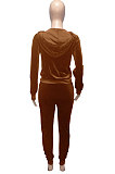 Dark Green Women Korea Velvet Ribber Spliced Pure Color Long Sleeve Cardigan Hooded Casual Pants Sets Q950-4