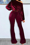 Drak Green Wholesale Velvet Long Sleeve Oblique Shoulder Top Flare Pants Solid Color Sets YX9298-3