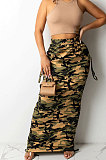 Grey Fashion Camouflage Print Ruffle Drawsting Slim Fitting Maxi Skirts ZNN9110-1