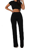 Light Blue Fashion Casual High Elastic Cotton Shor Sleeve Top Pure Color Ribber Loose Pants Sets MY9298-7