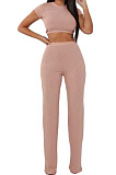 Coffee Fashion Casual High Elastic Cotton Shor Sleeve Top Pure Color Ribber Loose Pants Sets MY9298-5
