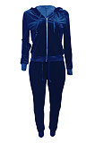 Dark Blue Women Korea Velvet Ribber Spliced Pure Color Long Sleeve Cardigan Hooded Casual Pants Sets Q950-6