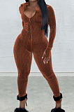 Black Euramerican Women Korea Velvet Long Sleeve V Collar Zipper Sexy Solid Color Bodycon Jumpsuits ED8525-1